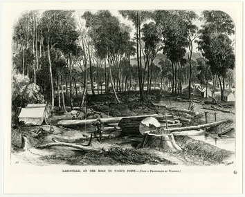 Shows the early settlement of Marysville in Victoria. In the background are the wooden buildings of the town. In the foreground are some men logging. In the left of the image is a woman and child sitting outside two tents.