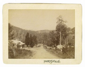 Shows the main street in Marysville in Victoria. In the left side of the image can be seen the Keppels Australian Hotel with a horse-drawn coach standing outside. On the opposite side of the road is a small wooden house which is behind a wooden picket fence. Running along both sides of the road from the hotel and the house is a wooden picket fence and more buildings can be seen through the trees. In the background are heavily forested mountains. The title of the photograph is along the lower edge in black ink. On the reverse of the photograph is a stamp from the Armstrong Collection at 42 Station Street in Sandringham in Victoria.
