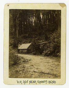 Shows a small timber hut by the side of a dirt road which leads through a forest of large trees. The title of the photograph is along the lower edge in black ink. On the reverse of the photograph is a stamp from the Armstrong Collection at 42 Station Street in Sandringham in Victoria.