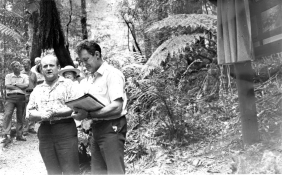 Shows a group of people standing near a large sign. In the background is a forest of trees and tree ferns.