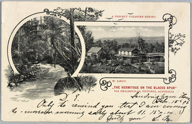 Shows two images taken at "The Hermitage" at Narbethong in Victoria. The image on the left is the roadway leading to "The Hermitage" and the right image shows a view of some of the buildings that comprise "The Hermitage" and its extensive gardens. The title of the postcard is printed in red under the right hand image. There is also a hand written message in black ink along the lower edge of the postcard.