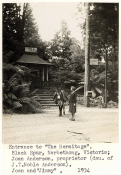 Shows a woman standing and holding the reins of a donkey outside the gatehouse at the entrance to "The Hermitage" at Narbethong in Victoria. The details of the photograph have been typed along the lower edge.