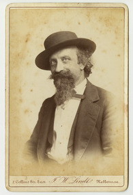 A black and white portrait of an unknown man taken by John William Lindt. Reverse shows location of John Lindt's studio, his special publications and his various awards and diplomas and the places he won them. Shows also a view of Melbourne, taken by John LIndt.