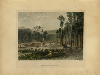 Shows the early development of the township of Marysville in Victoria. In the left of the print can be seen The Keppel Australian Hotel with its bathhouses and stable at the rear. On the road opposite and further down the road can be seen various wooden buildings. In the foreground there is a coach leaving the town and a man with two packhorses entering the town. There are various people walking and riding in the town and in the foreground is evidence of several trees having been chopped down. The artist's name and the date of the print are in the lower right hand corner. The title and the creater of the print are along the lower edge of the mount.