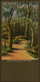 A watercolour painting of the Michael Dene walking track in Marysville in Victoria. The title of the painting is along the lower edge of the painting. Details of the artist and doner are on the reverse.