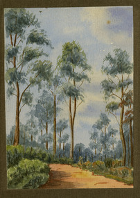 A watercolour painting of a track through a forest. The name of the artist and the year it was painting is recorded on the reverse.