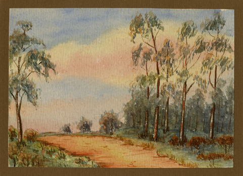 A watercolour painting of a track through a forest. The artist and the year it was painted is recorded on the reverse.