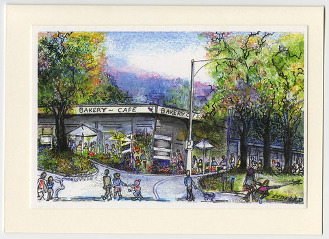A greeting card with a painted view of the outside of the Marysville Bakery in Victoria.