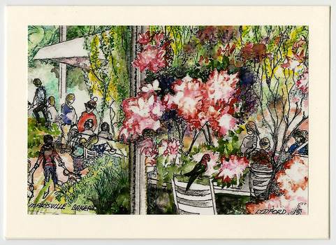 A greeting card with a painted view of the outside of the Marysville Bakery in Victoria. The details of the artist are recorded on the reverse.