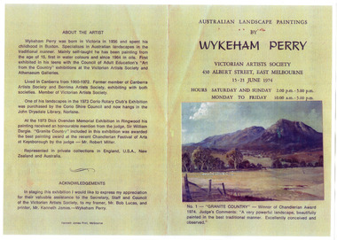 A copy of a catalogue from an art show of paintings by Wykeham Perry that was that was held at the Victorian Artists Society in 1974. On the front cover is Wykeham's painting titled Granite Country.
