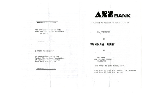 A copy of a catalogue from an art show of paintings by Wykeham Perry that was held at the ANZ Bank in Melbourne in 1975.