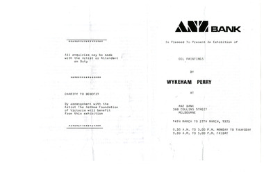 A copy of a catalogue from an art show of paintings by Wykeham Perry that was held at the ANZ Bank in Melbourne in 1975.