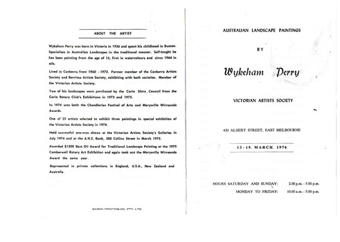 A copy of a catalogue from an art show of paintings by Wykeham Perry that was held at the Victorian Artists Society in 1976.