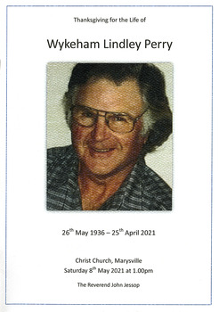 The thanksgiving service booklet for the life of Wykeham Lindley Perry who had grown up near Marysville in Victoria.
