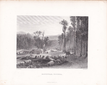 Shows the early development of the township of Marysville in Victoria. In the left of the print can be seen The Keppel Australian Hotel with its bathhouses and stable at the rear. On the road opposite and further down the road can be seen various wooden buildings. In the foreground there is a coach leaving the town and a man with two packhorses entering the town. There are various people walking and riding in the town and in the foreground is evidence of several trees having been chopped down. The artist's name and the date of the print are in the lower right hand corner. The title and the creater of the print are along the lower edge of the mount.