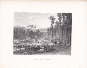 Shows the early development of the township of Marysville in Victoria. In the left of the print can be seen The Keppel Australian Hotel with its bathhouses and stable at the rear. On the road opposite and further down the road can be seen various wooden buildings. In the foreground there is a coach leaving the town and a man with two packhorses entering the town. There are various people walking and riding in the town and in the foreground is evidence of several trees having been chopped down. The artist's name and the date of the print are in the lower right hand corner. The title and the creater of the print are along the lower edge of the mount.