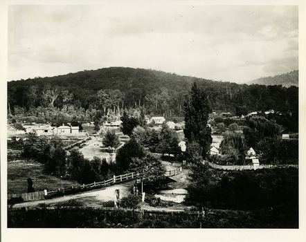 Shows Marysville in it's early days. There a a few buildings, some fencing and in the foreground is a bridge over a river. In the background is a heavily forested mountain. The photograph appears to have been taken from a high position; possibly near where the Anglican Church now stands.