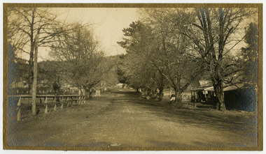Shows Murchison Street in Marysville in Victoria. Both sides of the road are heavily treed. In the left of the photograph are a series of wooden fences. In the right of the photograph is Barton's Store outside of which is a car.