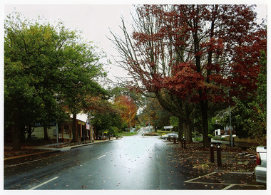 Shows Murchison Street in Marysville in Victoria. Shows the street leading up to the roundabout at the corner of Murchison and Lyell Streets. In the left of the photograph can be seen a row of shops. There are cars parked on the right of the road. Photograph appears to have been taken after rain.