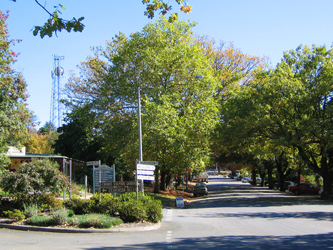Shows the view looking up Murchison Street from the corner with Pack Road. In the foreground is a sign post with destinations and distances along with two brown tourist signs for directions to local tourist attractions. There is also a wooden sign that informs visitors of the location of various accommodation choices.
