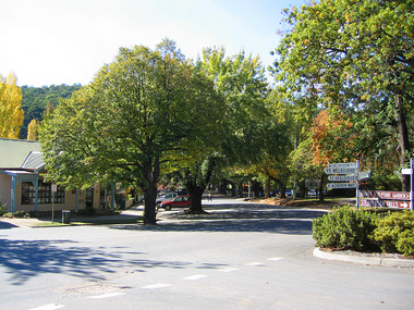 Shows Murchison Street in Marysville in Victoria. Shows the view looking down Murchison Street from Pack Road. In the right of the photograph is a sign post with destinations and distances along with two brown tourist signs for directions to local tourist attractions. In the left of the photograph can be seen some buildings with cars parked out the front of them.