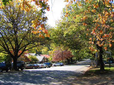 Shows the view looking down Murchison Street in Marysville in Victoria. In the right of the photograph can be seen the sign welcoming visitors to Gallipoli Park. In the left of the photograph there are various buildings with cars parked outside of them.