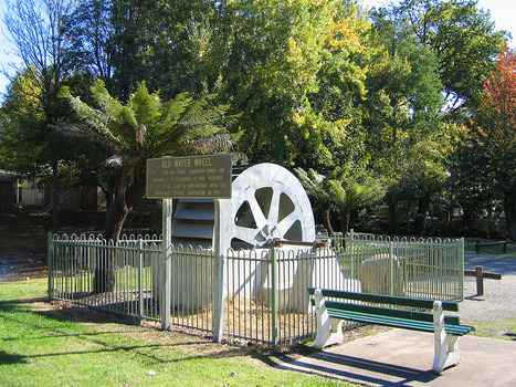 Shows the Barton's waterwheel in Marysville in Victoria.