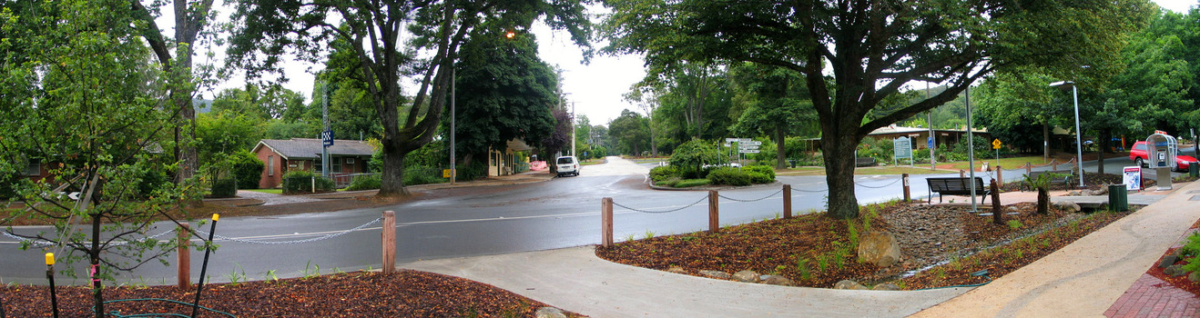 Shows Murchison Street in Marysville in Victoria. Shows the view from the corner with Pack Road looking up Pack Road. On the left of the corner is the Marysville Police station and on the right is the Marysville Country Bakery.