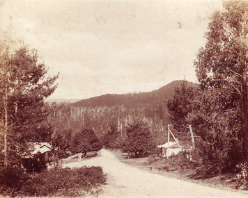 Shows the main road in Marysville in Victoria. Shows buildings on either side of the road with mountains in the background.