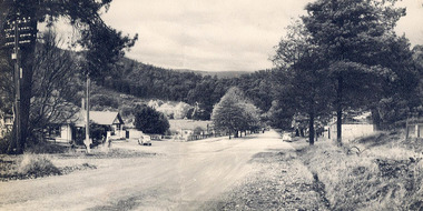 Shows the view looking down Murchison Street in Marysville in Victoria. In the left of the photograph is a house with three people and a car standing outside the front. There are other buildings on both sides of the road and a car parked opposite the house on the left.