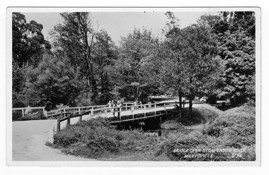 Shows a wooden bridge crossing over a river. There are people standing on both side of the bridge, some are looking down to the river. The title of the postcard is written in the lower right corner of the photograph. On the reverse of the postcard is a space to write a message and an address and to place a postage stamp. The postcard is unused.