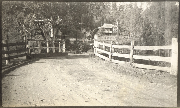 Shows a wooden bridge in Marysville in Victoria.