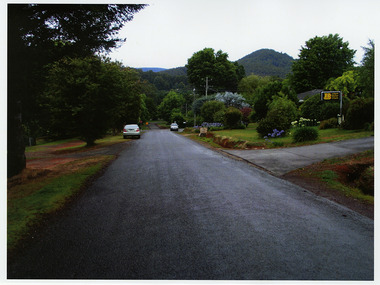 Shows Darwin Street in Marysville in Victoria. Shows the sign outside what was the Scenic Hotel.