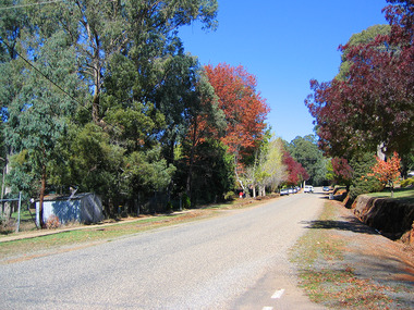 Shows the view looking along Lyell Street in Marysville in Victoria.