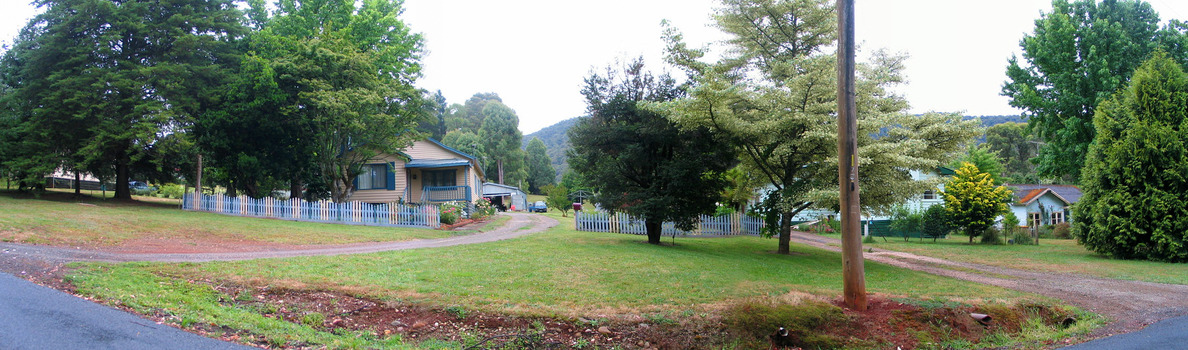 Shows a view on Lyell Street looking at three weatherboard houses, one of which has a wooden picket fence out the front.
