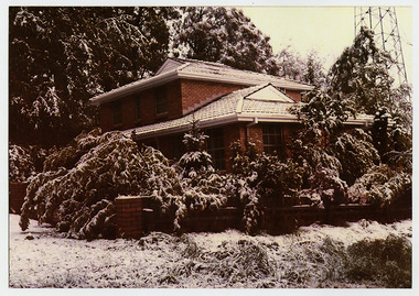 Shows a brick house that was situated in Sedgwick Street in Marysville in Victoria. Shows the house and gardens covered in a light dusting of snow.