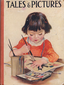 Shows a painting of a young girl painting a picture of a cat. There is a tin with paintbrushes and a tray of watercolour paints.