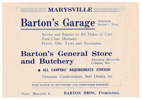 Shows infomation of goods and services available at Barton's Garage, General Store and Butchery in Marysville in Victoria. Information is in navy blue on a cream background.