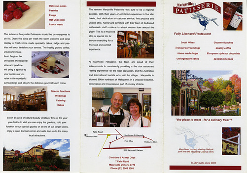 Shows information regarding the food, beverages and location of the Marysville Patisserie in Marysville in Victoria. Shows the building and its surrounds and the owners of the Patisserie. There is also a small map indicating the location of the Patisserie.