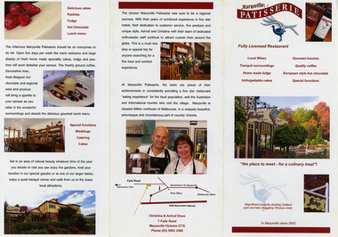 Shows information regarding the food, beverages and location of the Marysville Patisserie in Marysville in Victoria. Shows the building and its surrounds and the owners of the Patisserie. There is also a small map indicating the location of the Patisserie.