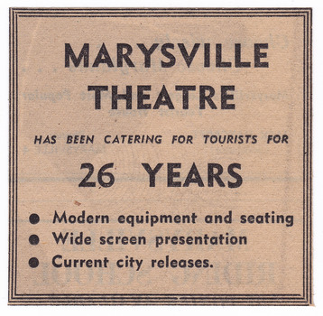 Shows an advertisement for the Marysville Theatre in Marysville in Victoria. 