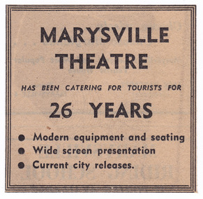 Shows an advertisement for the Marysville Theatre in Marysville in Victoria. 