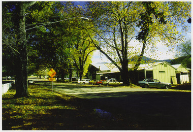 Shows Barton Bros' Store in Marysville in Victoria. Shows several cars parked both in front of the shop and one across the road.