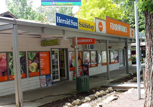 Shows the Foodworks supermarket in Murchison Street in Marysville in Victoria.