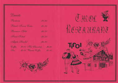 Shows on the front cover an illustration of the restaurant facade and a man and a woman in tirol costumes dancing. The man is holding a piano accordian.