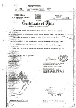 Shows a Certificate of Title for the land on which Past Favorites was located in Marysville in Victoria.