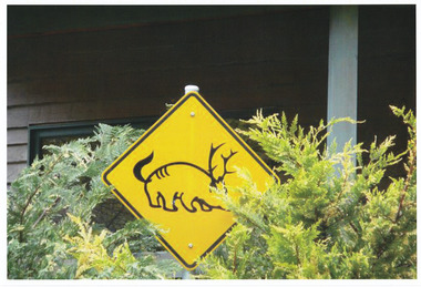 Shows a yellow sign with the mythical "Gunni" printed in black on it.
