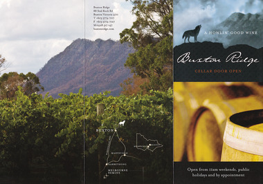 Shows an advertising brochure for Buxton Ridge winery in Victoria. Outlines the types of wine they produce and the process of their production. Shows a map of the winery's location.