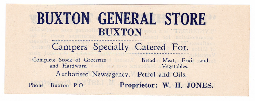 Shows a newspaper advertisement for the Buxton General Store in Victoria. Outlines goods and services available at the store and the proprietor's name.