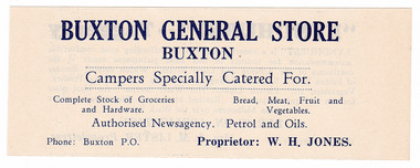 Shows a newspaper advertisement for the Buxton General Store in Victoria. Outlines goods and services available at the store and the proprietor's name.